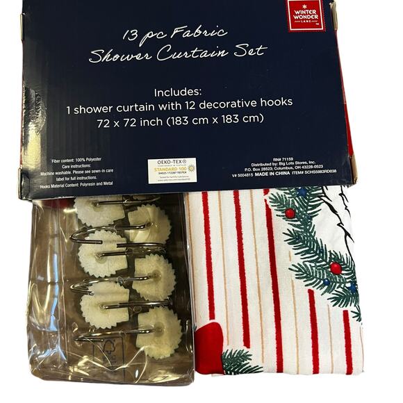 Christmas Fabric Shower curtain set  Santa dog print with wreath hooks NEW - Picture 2 of 3